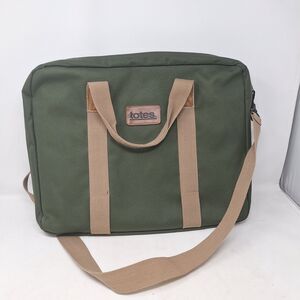 Totes Green Tan Canvas Laptop Swing Bag Travel Work Business Crossbody Strap